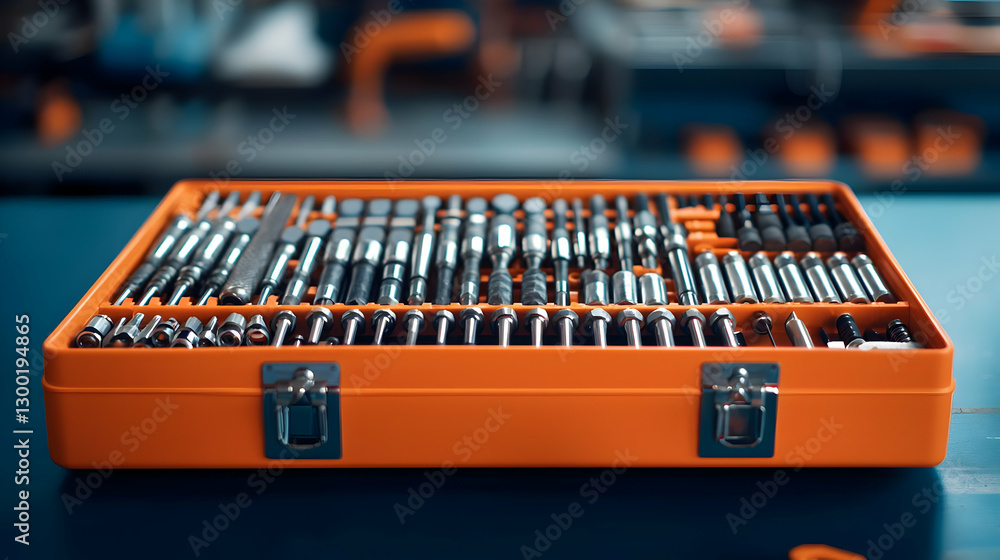 Orange Toolbox Containing Assorted Steel Tools On Blue Surface With Focus On Front Objects Orange Toolbox Containing Assorted Steel Tools On Blue Surface With Focus On Front Objects