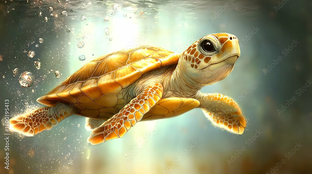 Fototapeta premium Underwater Sea Turtle Swimming, Ocean Sunlight Background, Wildlife Conservation Poster