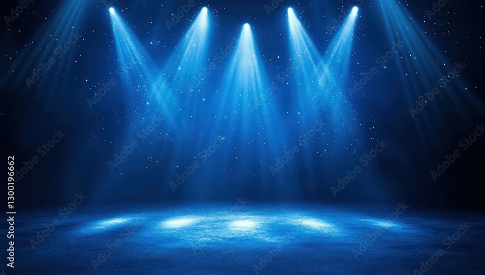 Fototapeta premium Dramatic Stage Lighting with Blue Spotlights Illuminating an Empty Stage with Sparkling Dust Particles and Deep Shadows, Perfect for Event Backgrounds