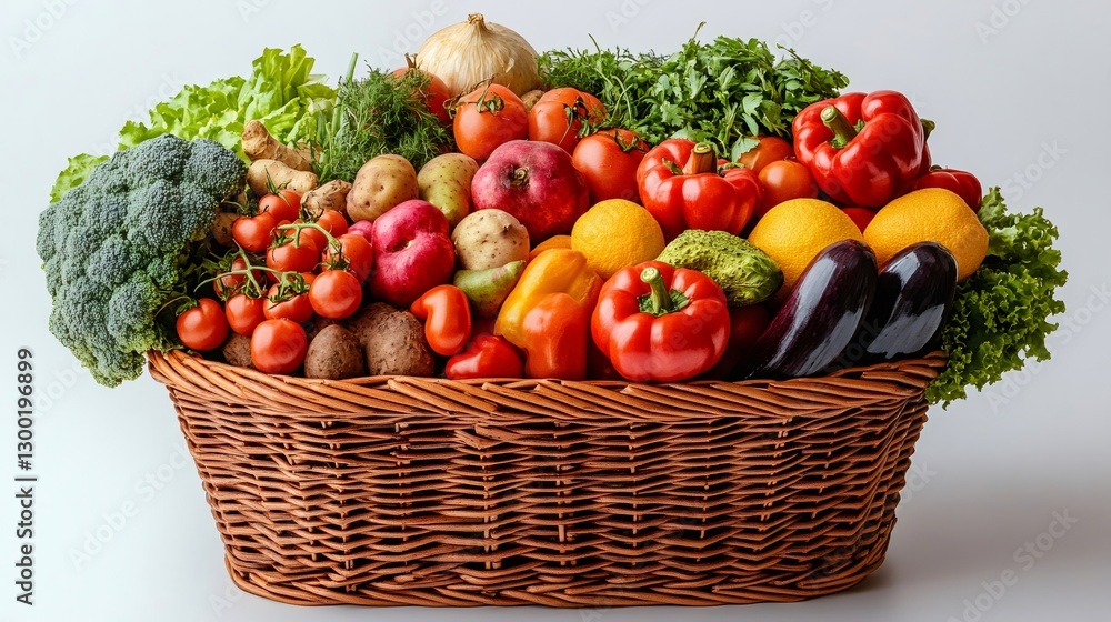 Wicker basket overflowing with fresh produce promoting healthy eating Wicker basket overflowing with fresh produce promoting healthy eating