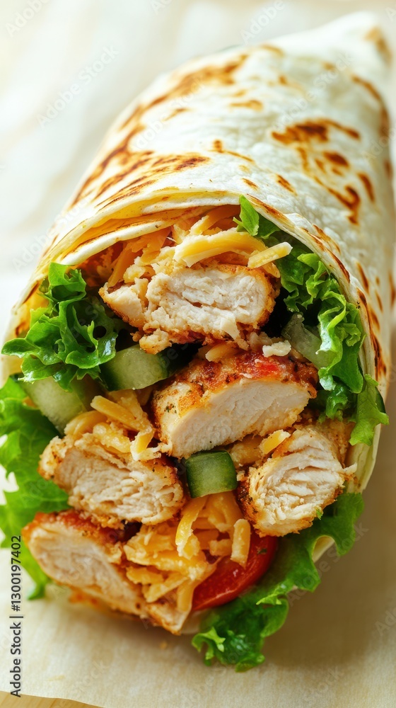 Delicious grilled chicken wrap filled with fresh vegetables and cheese on a wooden table Delicious grilled chicken wrap filled with fresh vegetables and cheese on a wooden table