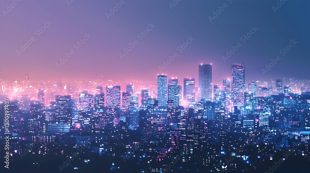 Naklejka premium Night cityscape panoramic view, urban skyline illuminated, twilight glow, distant lights, website banner