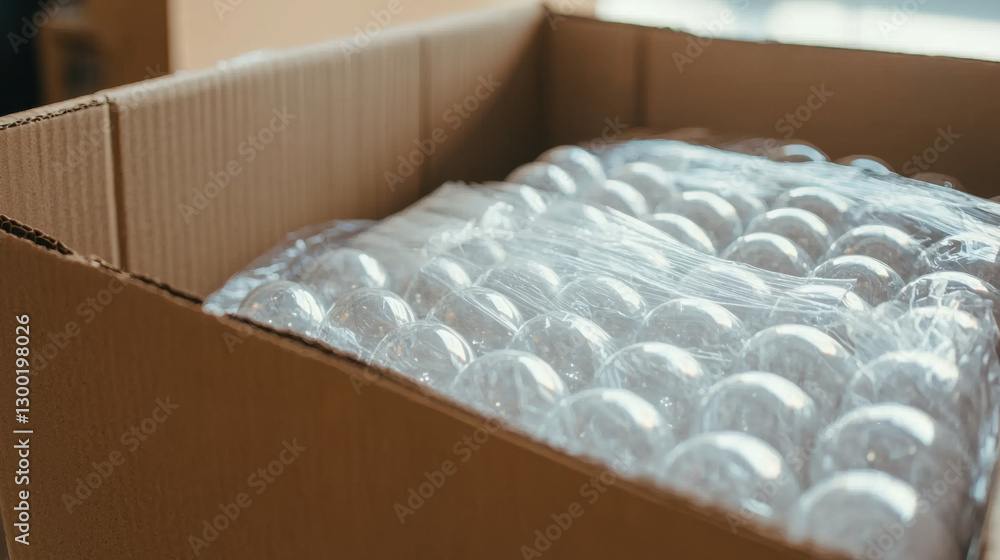 Fototapeta premium Bubble wrapped fragile items inside open moving box, ready for transport