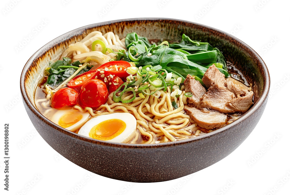 Delicious ramen bowl with noodles, meat, egg, and green onions, isolated on transparent cutout background Delicious ramen bowl with noodles, meat, egg, and green onions, isolated on transparent cutout background
