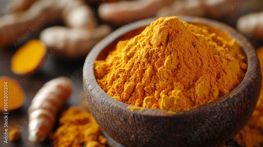 Turmeric powder in wooden bowl with turmeric roots on dark background