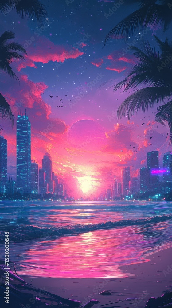 Obraz premium An artificial sunset illuminates a coastal city skyline at dusk