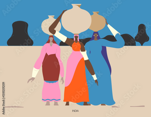 Women walking with water pots on their heads through a barren land
