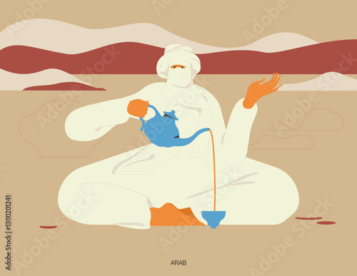 
Ethnic groups and traditional clothing. Arab pours traditional tea.