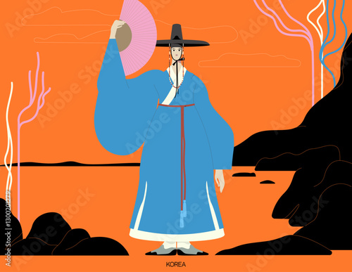 A Korean man with a fan in his hands and an eccentric hat.