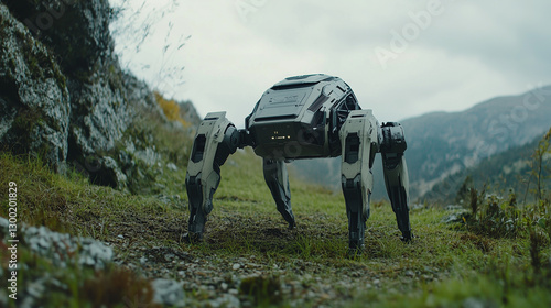 Futuristic quadruped robot tested outdoors, showcasing dynamic motion with advanced design in natural environment, cutting-edge technology in action.