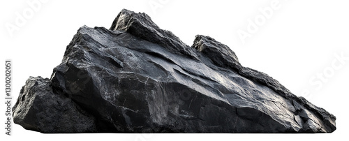 Large dark rugged rock formation, isolated on transparent cutout background