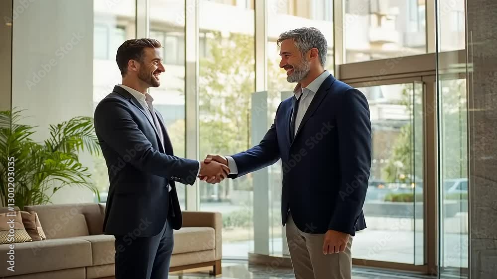 Two business professionals shaking hands in a modern office lobby with greenery and city view Two business professionals shaking hands in a modern office lobby with greenery and city view