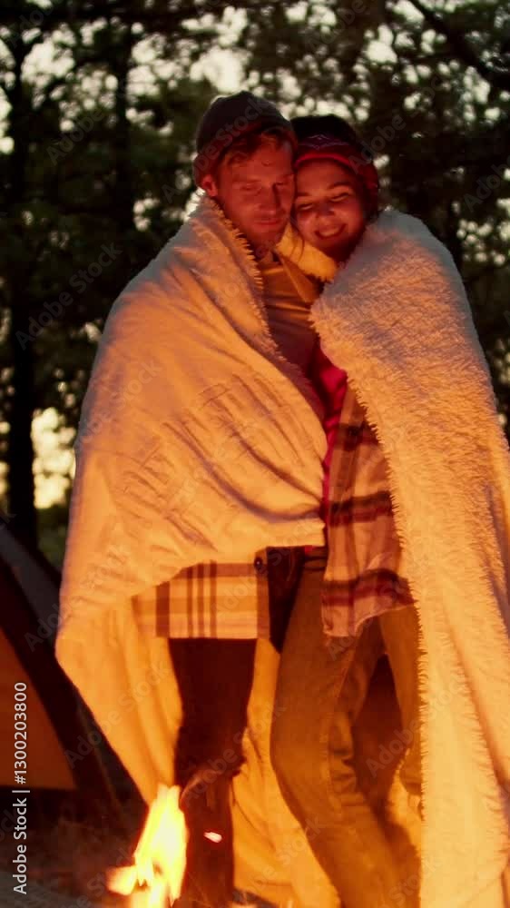 A guy and his girlfriend wrapped in a blanket stand and look at the fire during a romantic evening at a campsite in the forest A guy and his girlfriend wrapped in a blanket stand and look at the fire during a romantic evening at a campsite in the forest