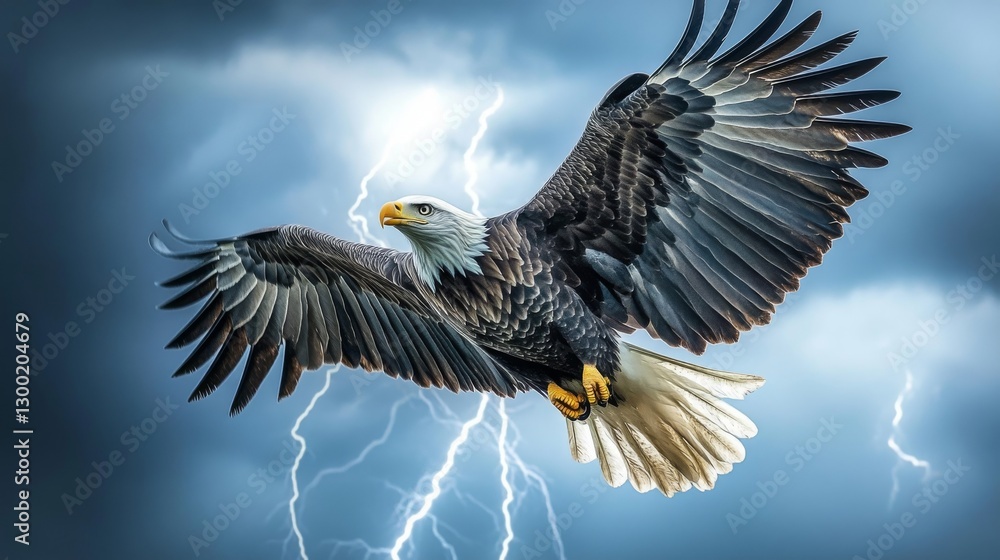 Fototapeta premium The shadow of an eagle gliding across a turbulent sky, illuminated by dramatic lightning