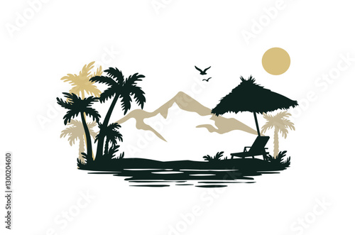 straw umbrella on the ocean shore against the background of mountains and palm trees vector. mountain landscape with palm trees vector rising sun