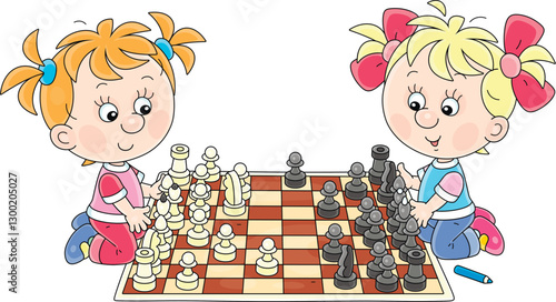 Cheerful little girls playing chess and talking friendly in a playroom of a kindergarten or primary school, vector cartoon illustration on a white background