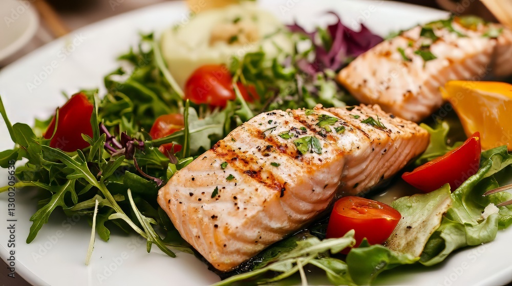 Grilled Fish Fillet with fresh vegetable salad Grilled Fish Fillet with fresh vegetable salad
