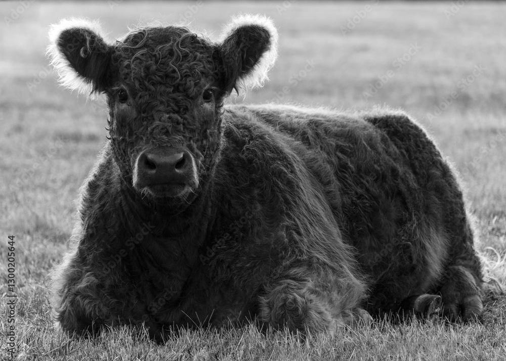 Fototapeta premium Cute fuzzy galloway steer resting in the early morning sun, backlit monochrome