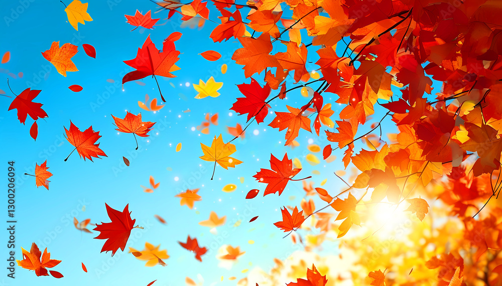 Autumn's Golden Canopy: Vibrant red and orange maple leaves dance in a bright sky Autumn's Golden Canopy: Vibrant red and orange maple leaves dance in a bright sky