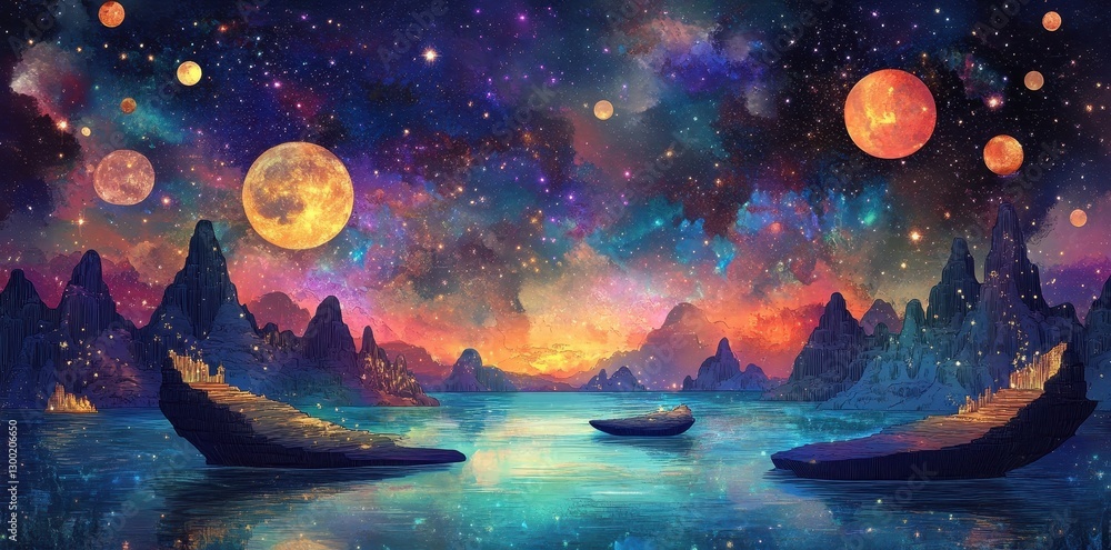 A vibrant painting of a celestial landscape with planets and water A vibrant painting of a celestial landscape with planets and water