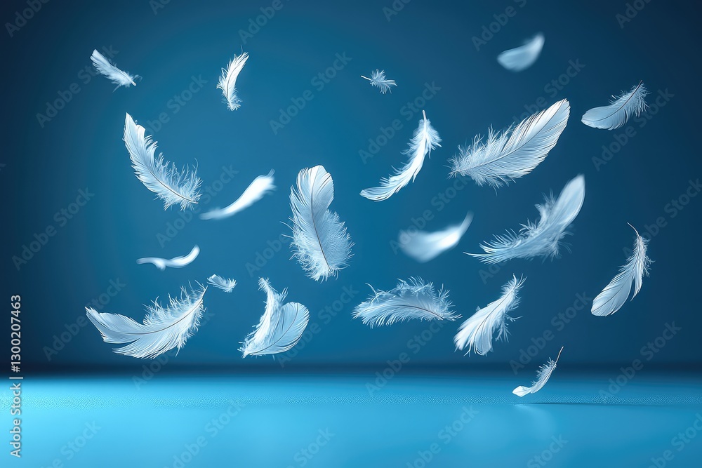 Floating white feathers gracefully descending against a serene blue background, creating a calming atmosphere Floating white feathers gracefully descending against a serene blue background, creating a calming atmosphere