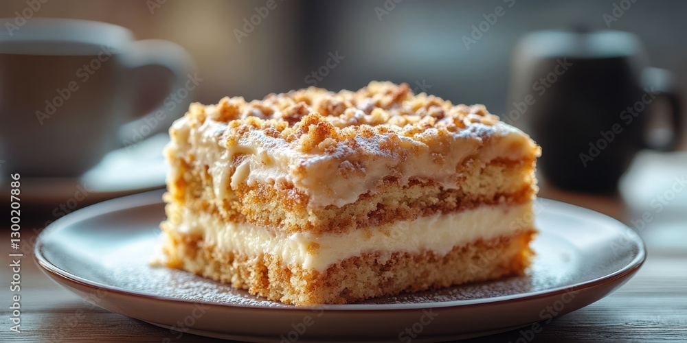 Delicious layered cake with creamy filling on a rustic wooden table near coffee cup and sugar bowl Delicious layered cake with creamy filling on a rustic wooden table near coffee cup and sugar bowl