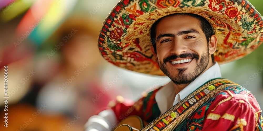 Obraz premium Smiling musician wears traditional attire and sombrero while playing guitar at cultural festival