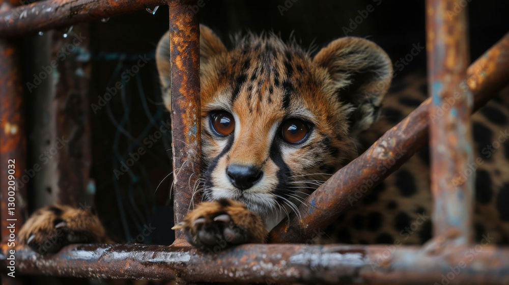 Naklejka premium Young Cheetah Gazing Through Rusty Cage Bars Reflects Optimism Amidst Wildlife Conservation Challenges