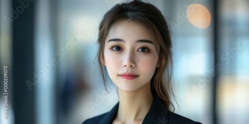 Wallpaper Mural Young woman poses confidently in modern office setting with soft lighting and blurred background during daytime Torontodigital.ca