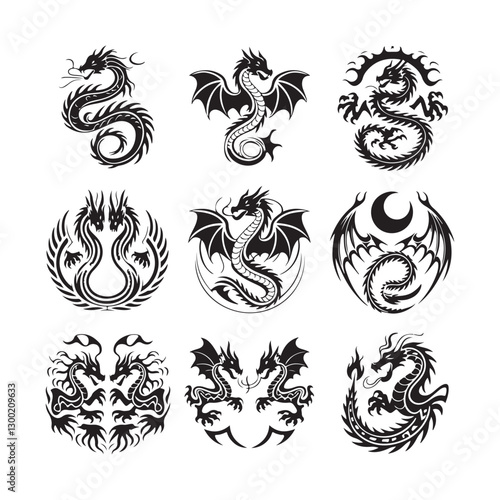 vector illustration, set of round tribal dragon designs, black and white graphics vector illustration, set of round tribal dragon tattoo designs, black and white graphics