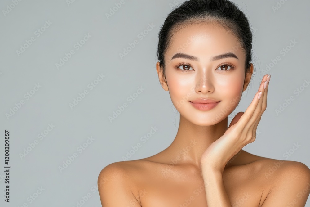A fresh-faced, freckled Asian woman looks at the camera, against a white backdrop with generous space A fresh-faced, freckled Asian woman looks at the camera, against a white backdrop with generous space
