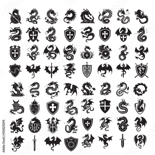 Heraldry design set Heraldic elements set: eagle, dragon, lion, bee Black Crest Elements