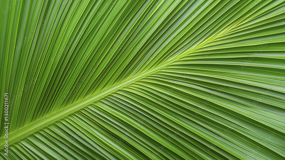 Vibrant close up of green palm leaf showcasing its intricate texture and natural pattern. leaf veins create striking visual effect, highlighting beauty of nature Vibrant close up of green palm leaf showcasing its intricate texture and natural pattern. leaf veins create striking visual effect, highlighting beauty of nature