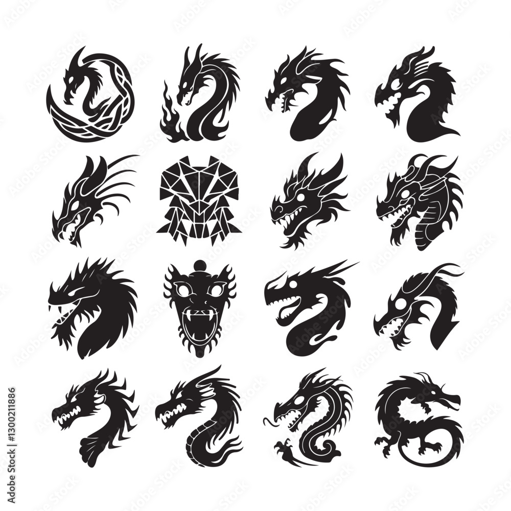 Fototapeta premium Dragon Head silhouette logo white background set Dragon head Tribal dragon silhouette logo design, dragon vector icon