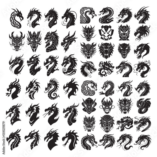 Dragon Head silhouette logo white background set Dragon head Tribal dragon silhouette logo design, dragon vector icon