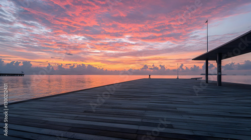 Vibrant Sunset Over Calm Ocean Reflecting Colorful Sky and Pier Structure in Coastal Landscape