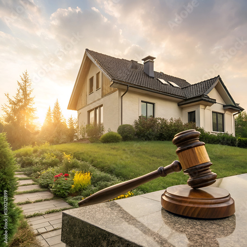 gavel and house on the beach