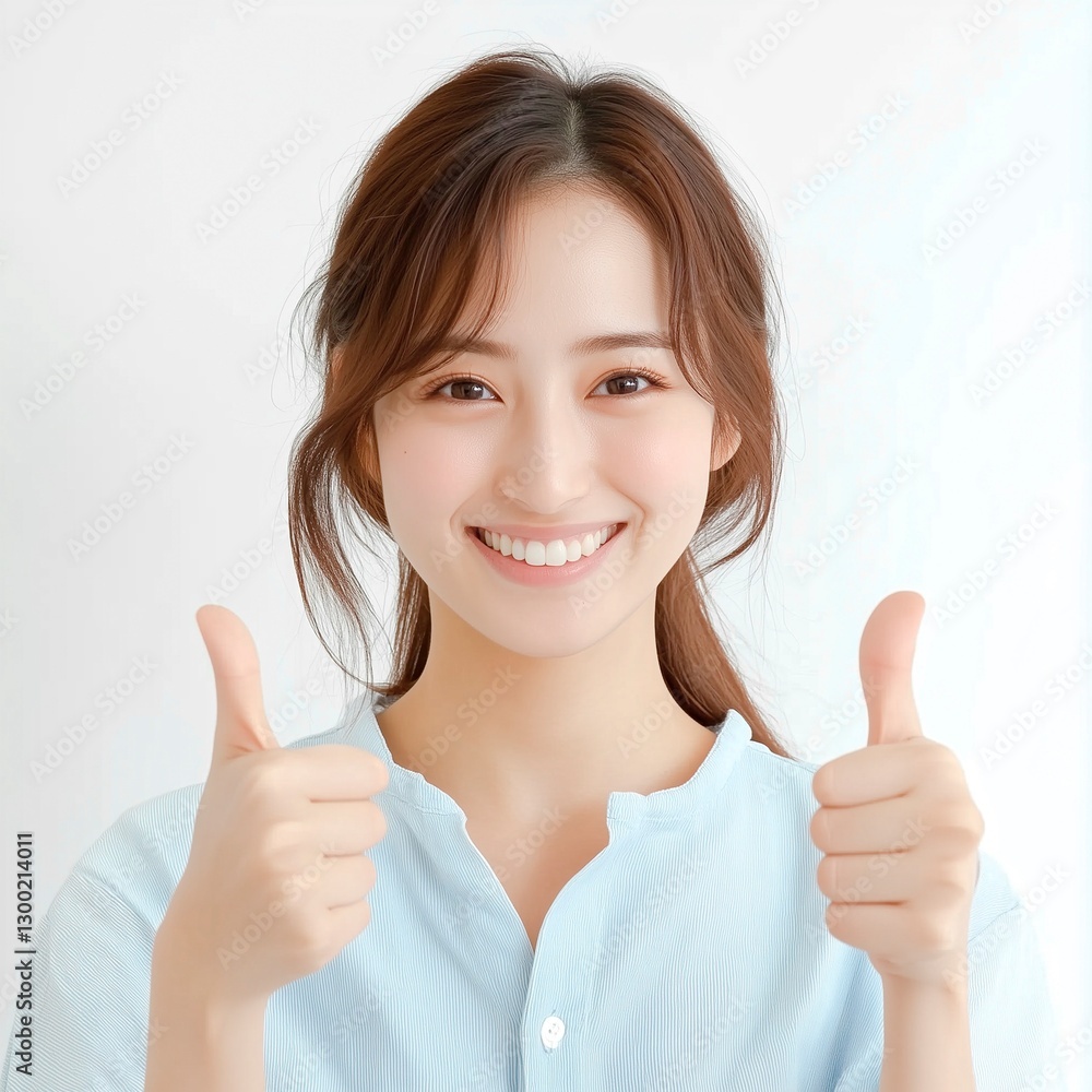 両手で「いいね」ポーズする若い女性 両手で「いいね」ポーズする若い女性