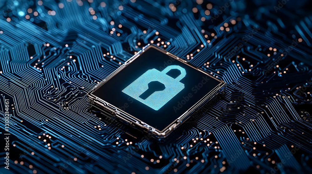 Illuminated Lock Icon on Blue Circuit Board Representing Digital Security and Data Protection Illuminated Lock Icon on Blue Circuit Board Representing Digital Security and Data Protection