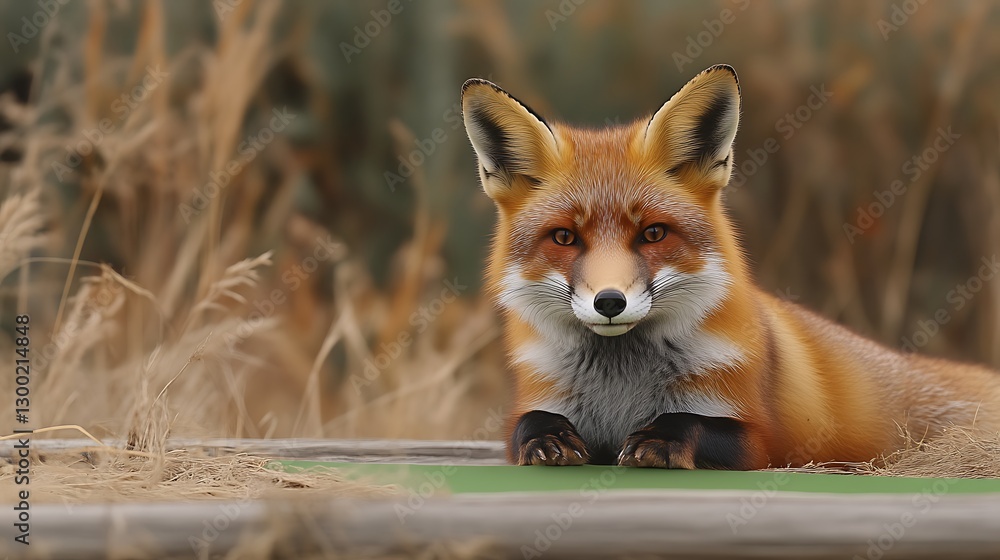 Obraz premium Red fox rests near grass in a wild field