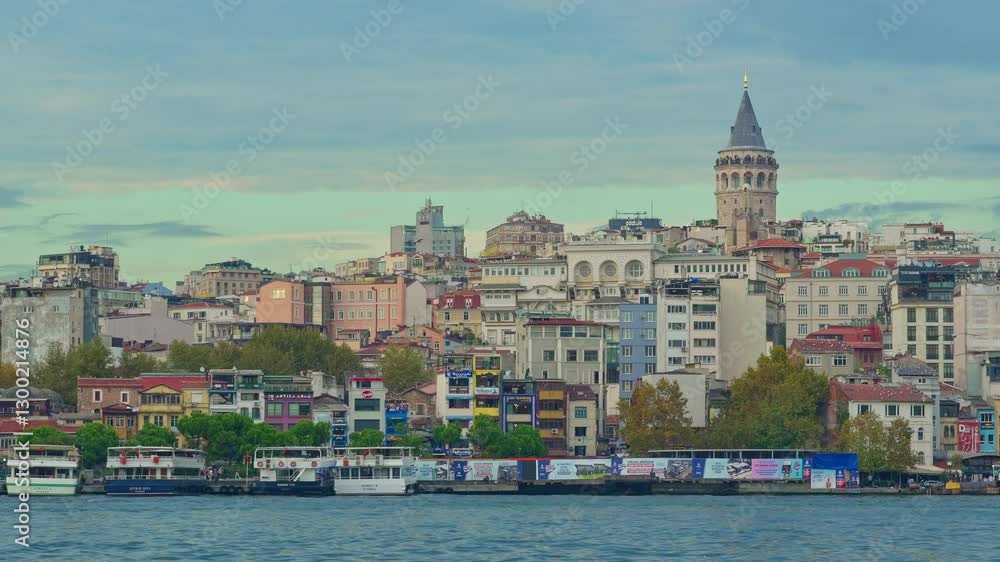 Cityscape of Istanbul, Turkey, view to the Golden Horn Bay and architecture of city and ships and Bosphorus shore against the sunset sky Cityscape of Istanbul, Turkey, view to the Golden Horn Bay and architecture of city and ships and Bosphorus shore against the sunset sky