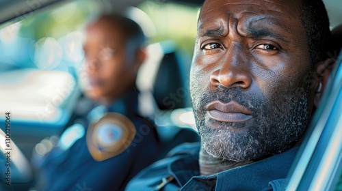African American Police Officer in Patrol Car with Another Officer in Background, Serious Expression on Duty