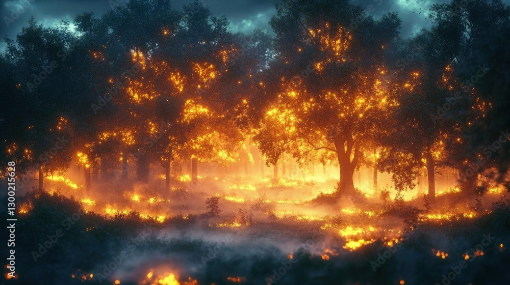 Fiery Forest At Night With Glowing Trees Fiery Forest At Night With Glowing Trees