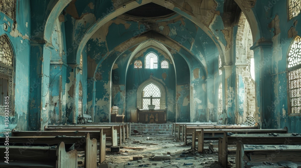 Fototapeta premium Abandoned Church Interior with Decaying Architecture and Sunlight Streaming Through Windows