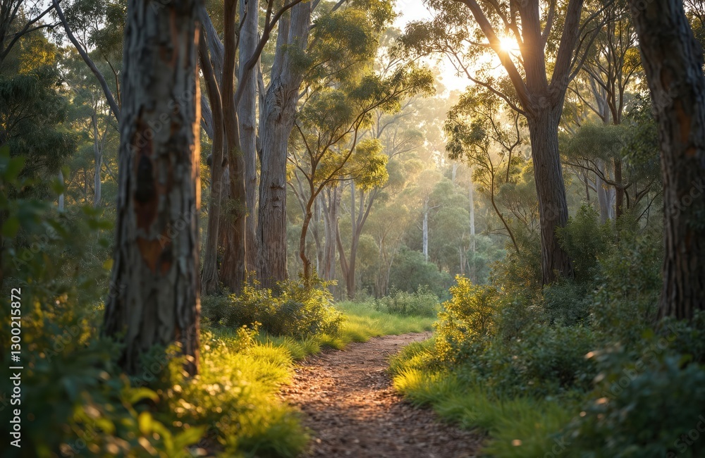Obraz premium Sunlight filters through gum tree forest, illuminates dirt path in Australian bush. Native eucalyptus trees, shrubs create scenic woodland. Adventure travel destination for nature lovers, hikers.