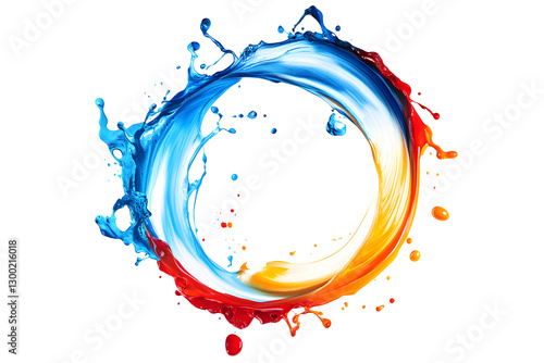 Abstract circle liquid motion flow explosion. Curved wave colorful pattern with paint drops isolated on white or transparent background