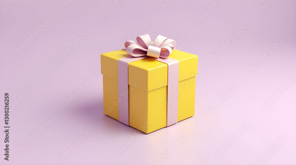 Minimalist Yellow Gift Box with Pink Ribbon - Isolated Studio Shot of Festive Present Minimalist Yellow Gift Box with Pink Ribbon - Isolated Studio Shot of Festive Present
