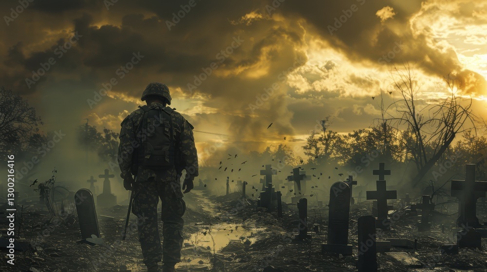 Soldier Walking Through Graveyard at Dusk with Dramatic Clouds and Unsettling Atmosphere Reflecting Social Issues of War and Loss Soldier Walking Through Graveyard at Dusk with Dramatic Clouds and Unsettling Atmosphere Reflecting Social Issues of War and Loss