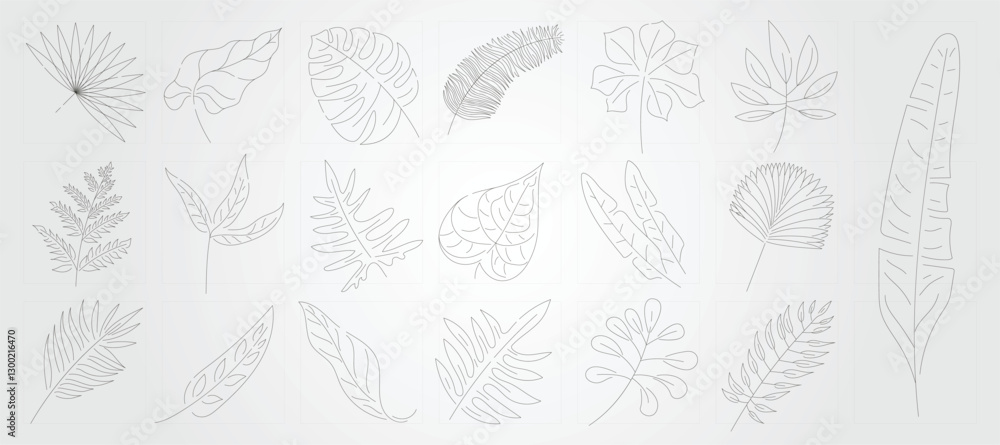 Fototapeta premium Monstera palm icons set drawings of leaves and other botanical elements.