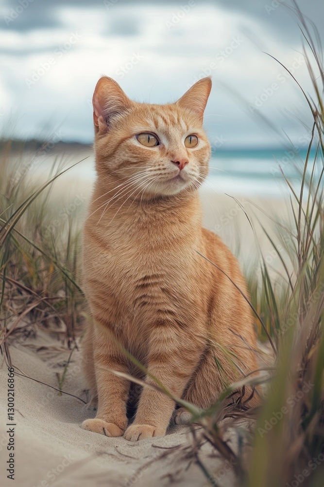 Obraz premium Orange cat beach dune grass ocean